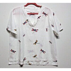 Women's White Dragonfly Print V-Neck Blouse Short Sleeve Size XL/2XL